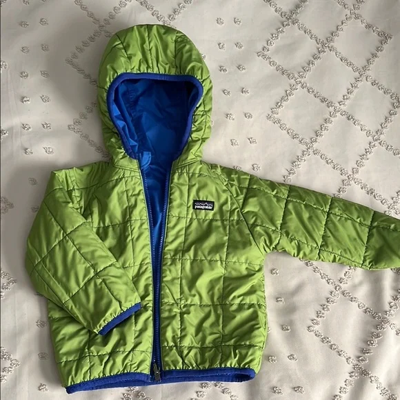 Patagonia Blue and Green Reversible Puffer Jacket with Hood